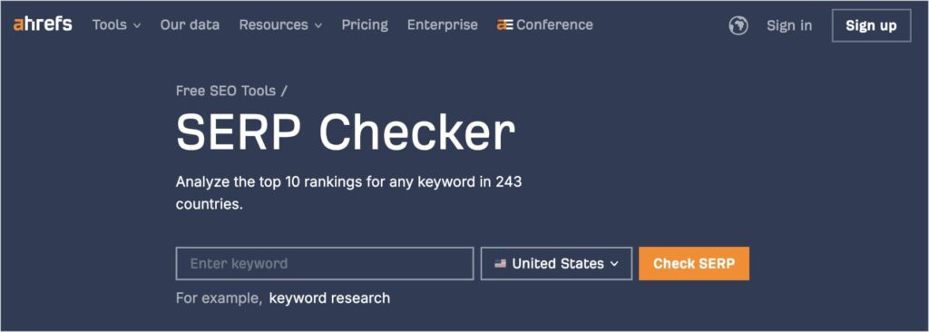 Ahrefs SERP Checker keyword search.