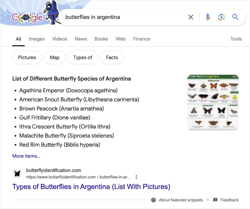 Bulleted list in Google featured snippet for butterflies.