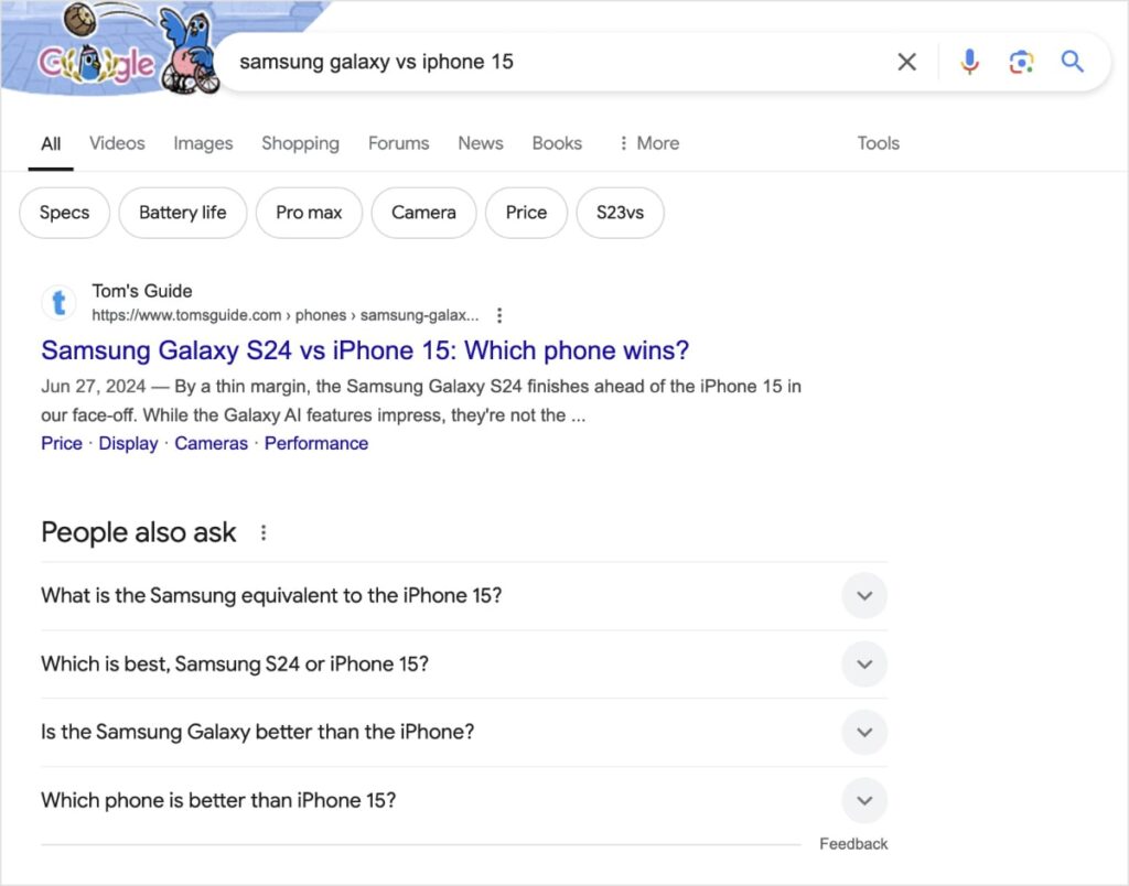 Commercial search on Google compares smasung galaxy and iphone.