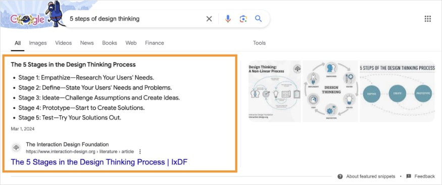 Featured snippet with 5 steps.