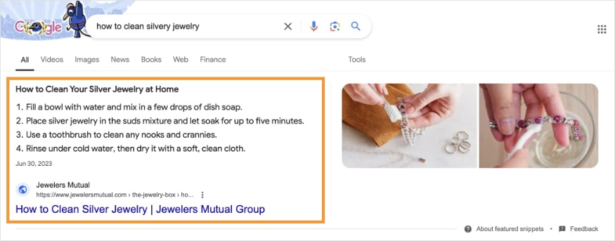 Featured snippet for how to clean silvery jewelry.