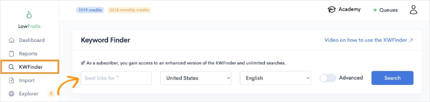 KWFinder search in LowFruits.