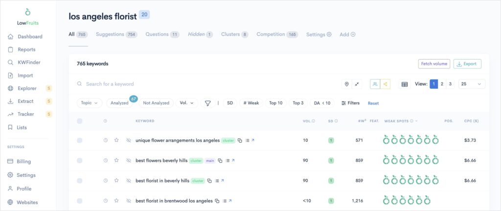 Keyword research report in LowFruits.