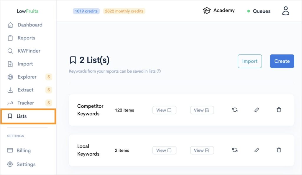 Keyword lists in Lowfruits.