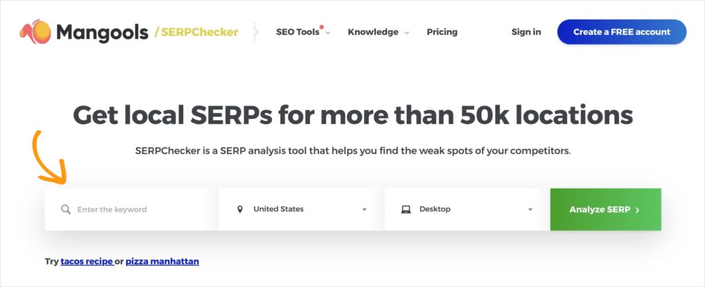 Mangools SERP Checker keyword search.