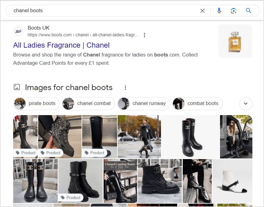 Google search results for chanel boots query.