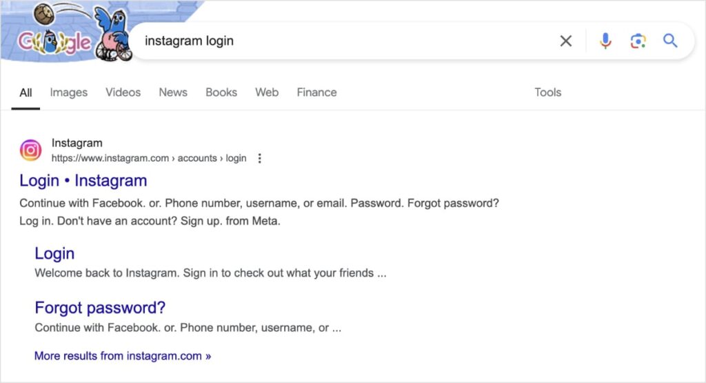 Navigational keyword instagram login shows the login page in search results.