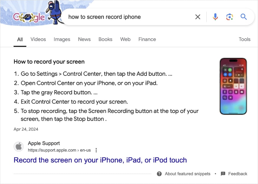 Numbered list in featured snippet with steps for how to record your iphone screen.