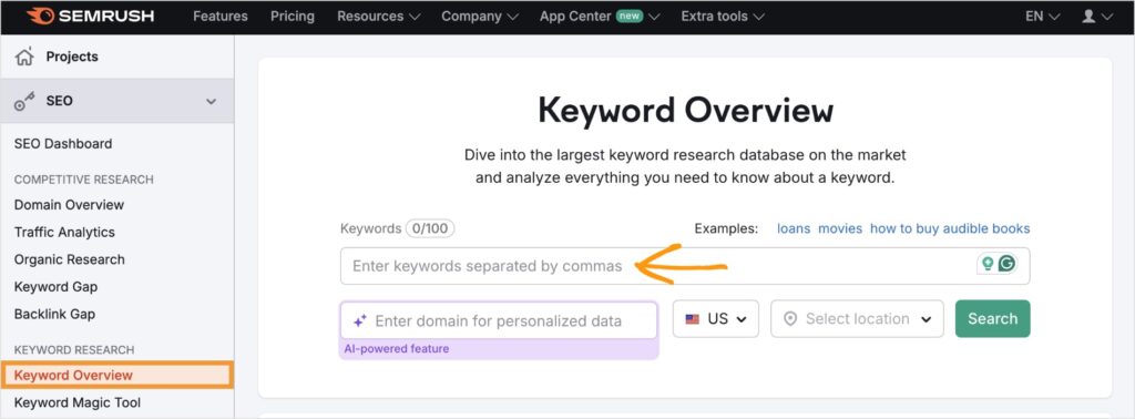 Semrush keyword overview search.