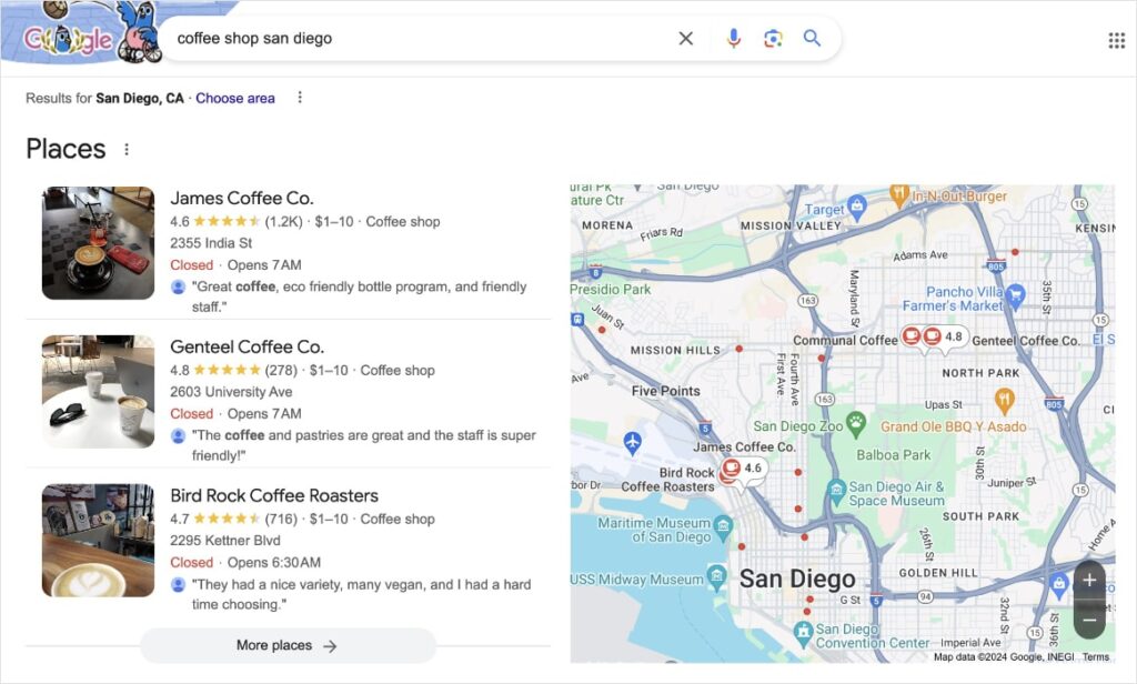 Transactional search for a coffee shop in San Diego.