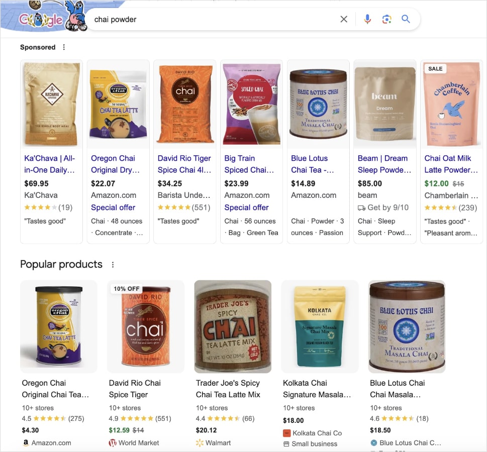 Transactional intent shows products for chai powders.