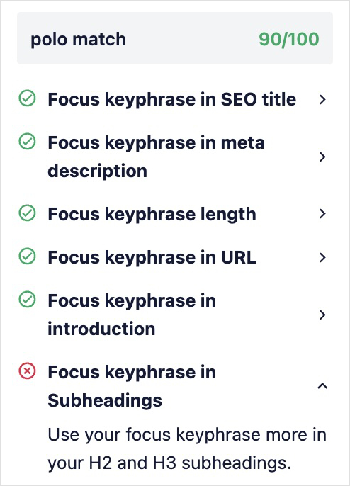 TruSEO focus keyphrase checklist shows we forgot our keyword in the subheadings.