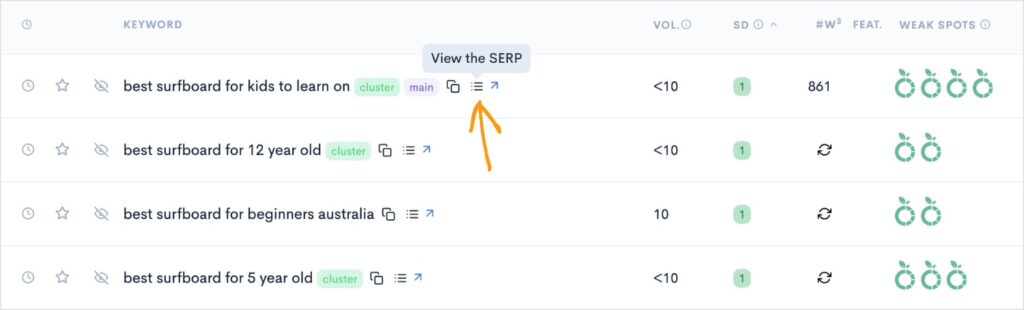 Keyword list with a button to view the SERP.