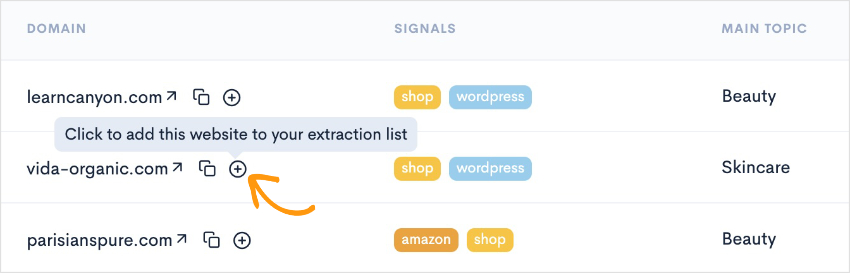 Button to add a website to your extraction list.