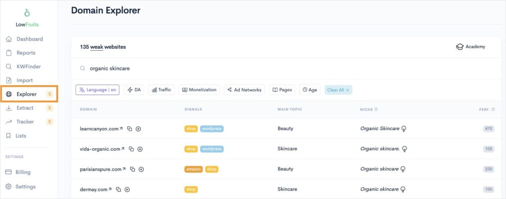 LowFruits Domain Explorer with a list of websites ranking for organic skincare.