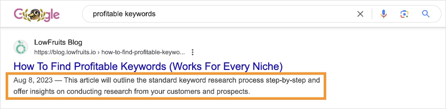 A search result and meta description for the query "profitable keywords."