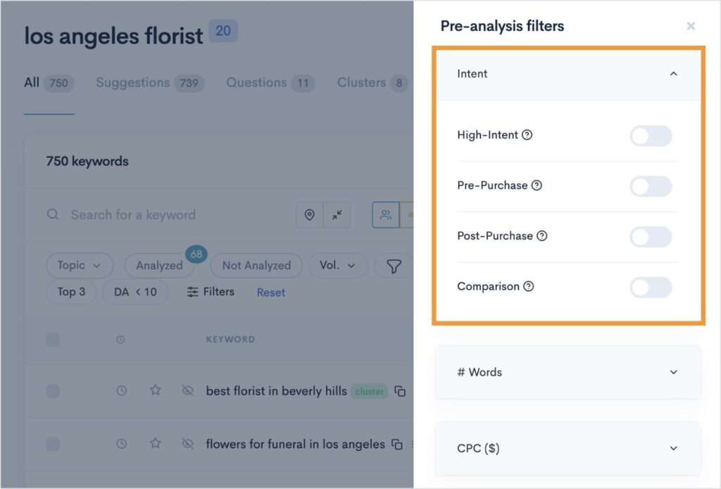 Keyword intent filters in LowFruits.