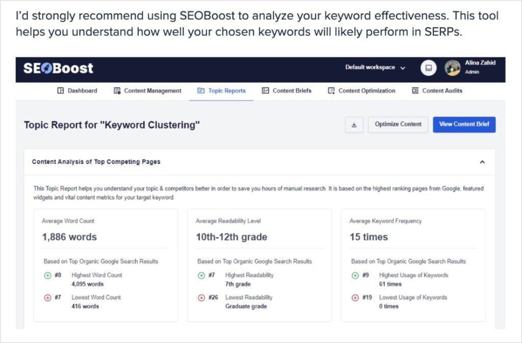 SEOBoost topic report for keyword clustering.