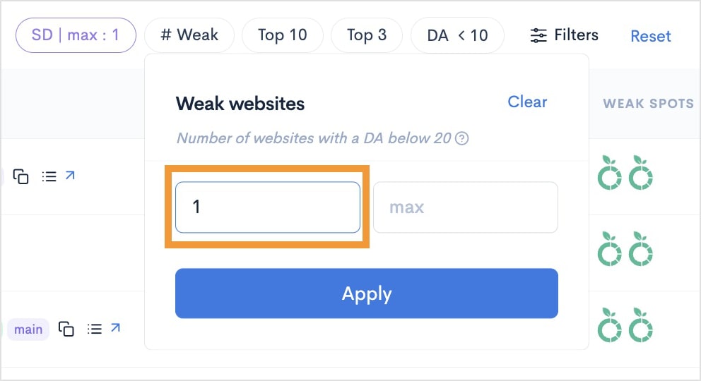 Number of weak websites filter set to 1 minimum.