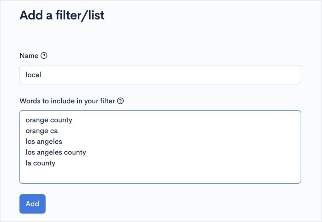 Custom filter settings for local keywords.