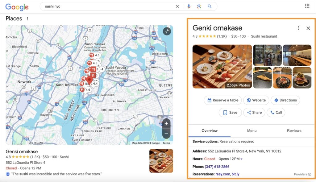 Google Business Profile for Genki Omakase in New York City.