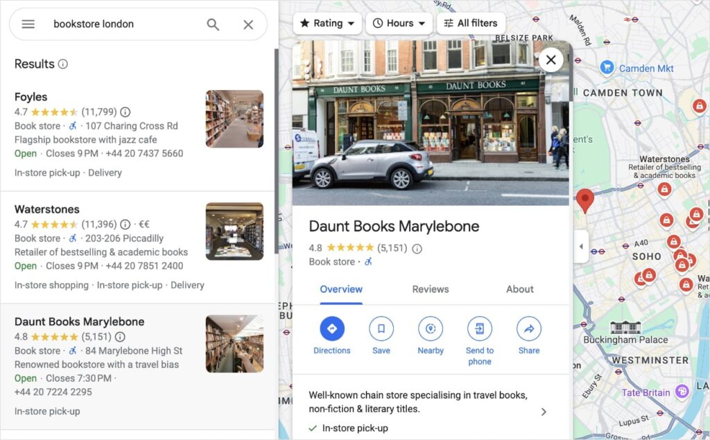 Google Maps shows business reviews for Daunt Books Marylebone in London.