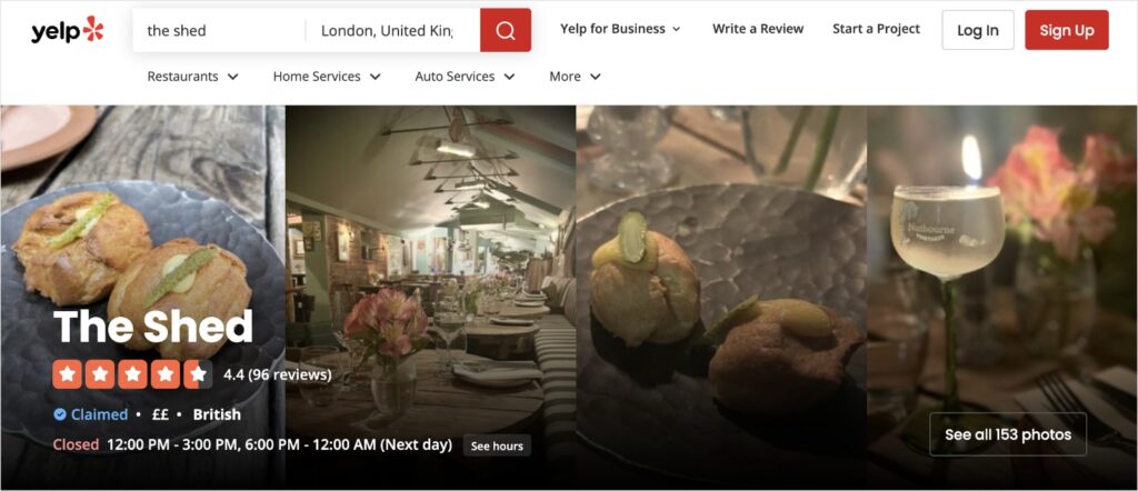 Yelp page for The Shed restaurant in London is an example of an online directory.