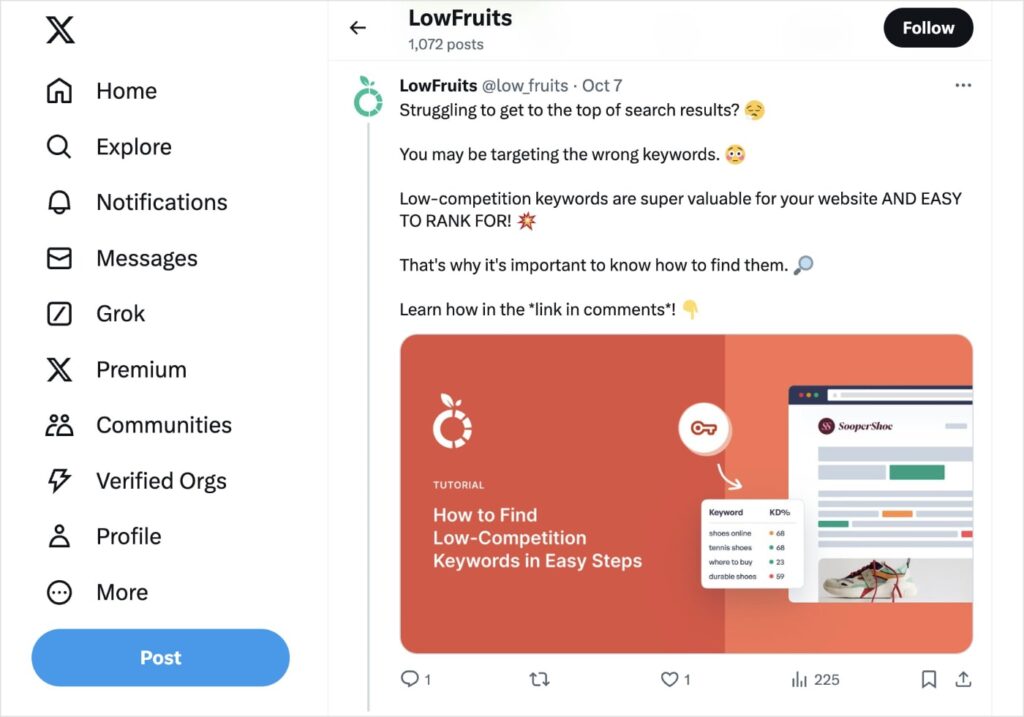 LowFruits Twitter post promotes an article about how to find low-competition keywords.