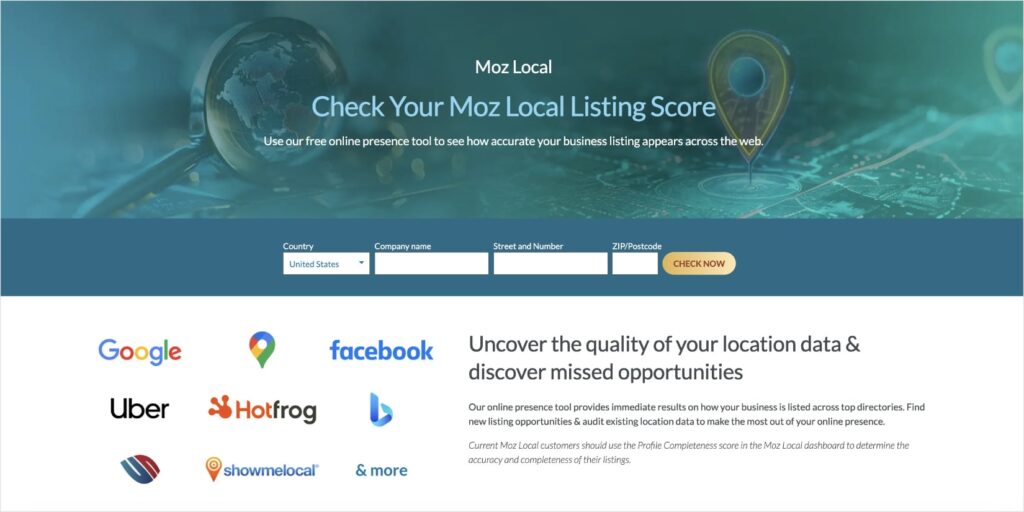 Moz Local listing score page asks for your business name.