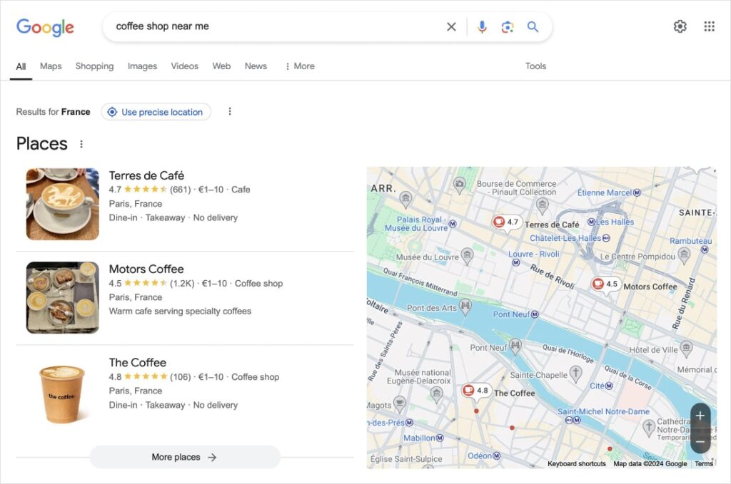 Google Map Pack results for the query coffee shop near me.